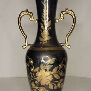 Vintage Brass Vase Gold Etched Floral Black